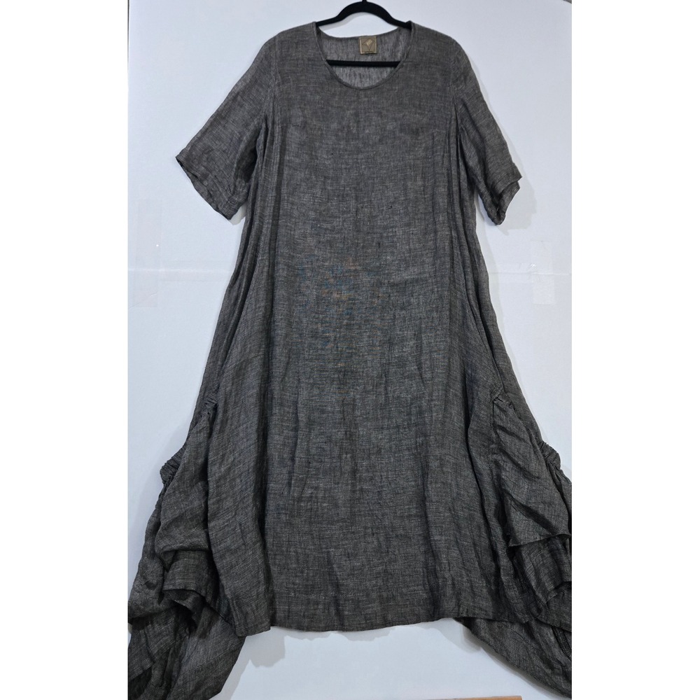 Oversized  Linen Lagenlook Sharkbite Hem Dress Boho‎ Gray Bubble Pocket Neutral
